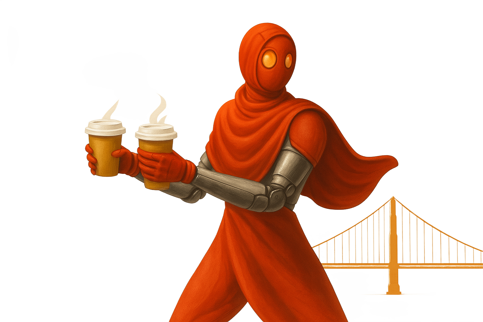 Robot with coffee behind Golden Gate