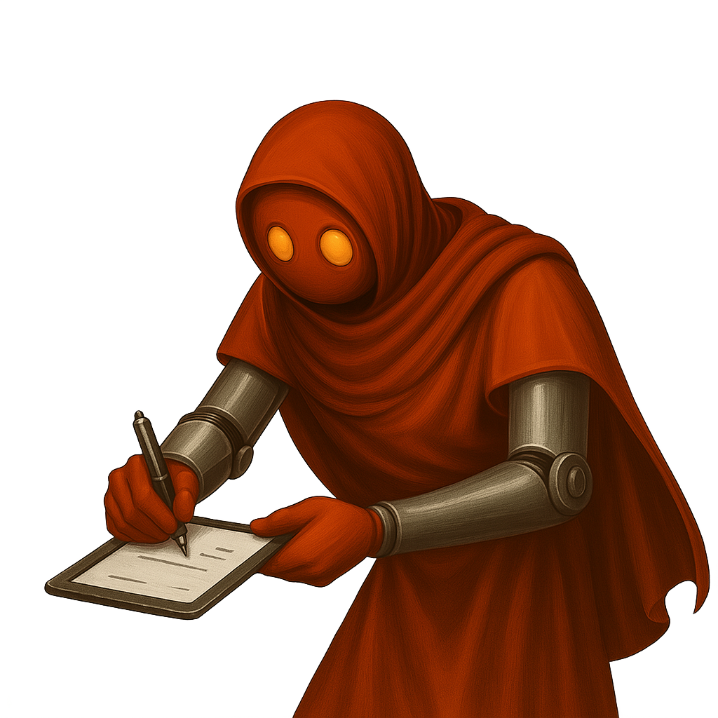 Red robot signing a receipt